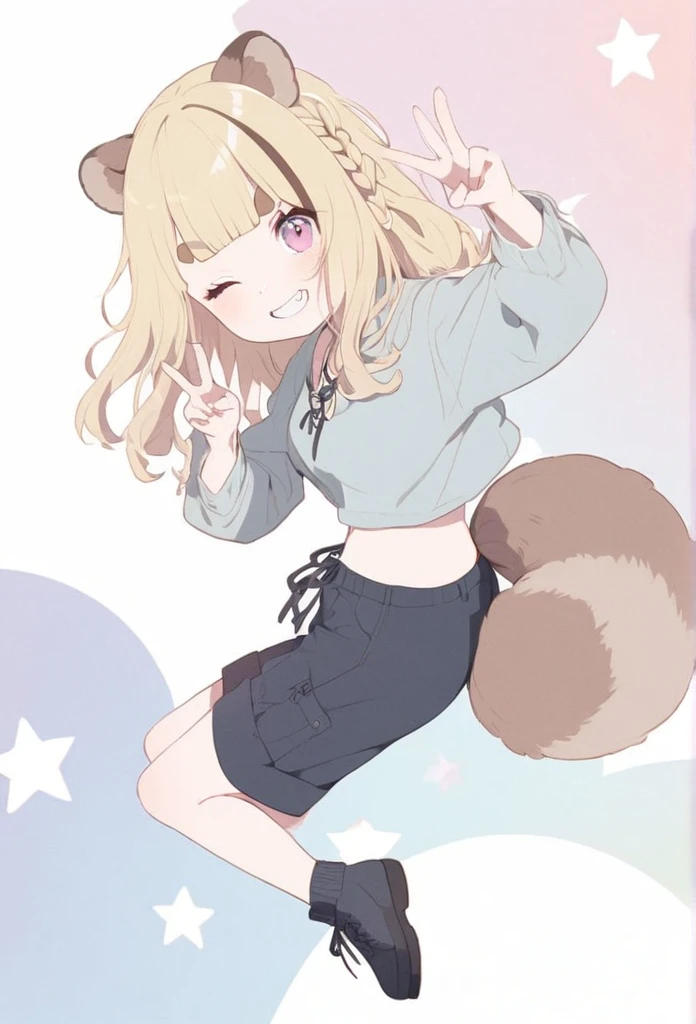 anime,(pale colors:1.8),long shot, 1girl, solo, (on right:1.3), full body, solo, grin, smile, closed one eye, dynamic angle, v, fang, light yellow hair, racoon ears, racoon tail, (brown streaked hair:1.3), side braid, (blunt bangs), wavy hair,thick eyebrows, bikini, shortpants, star background,