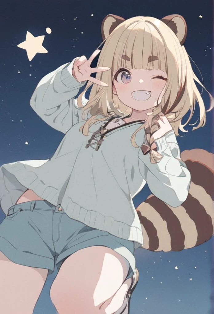anime,(pale colors:1.8),long shot, 1girl, solo, (on right:1.3), full body, solo, grin, smile, closed one eye, dynamic angle, v, fang, light yellow hair, racoon ears, racoon tail, (brown streaked hair:1.3), side braid, (blunt bangs), wavy hair,thick eyebrows, bikini, shortpants, star background, 