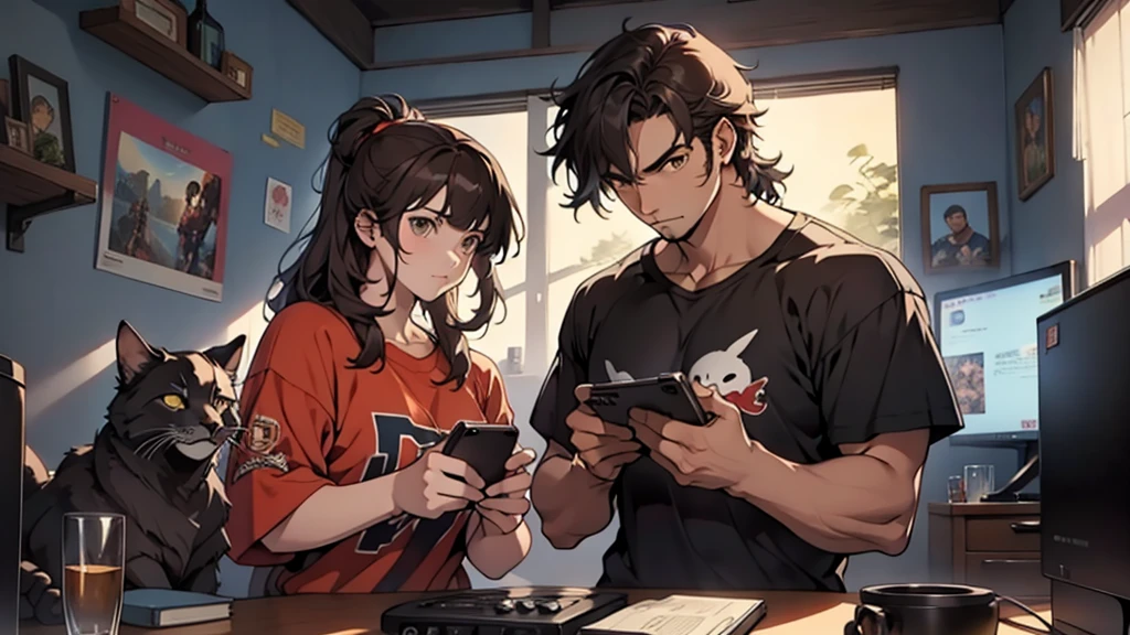 (Junkotvv a girl con orejas de gato) and (neocruz a boy con barba y sin orejas de gato), playing video games together in a room full of 80s style anime and posters in neon tones with video game controllers in their hands and enjoying