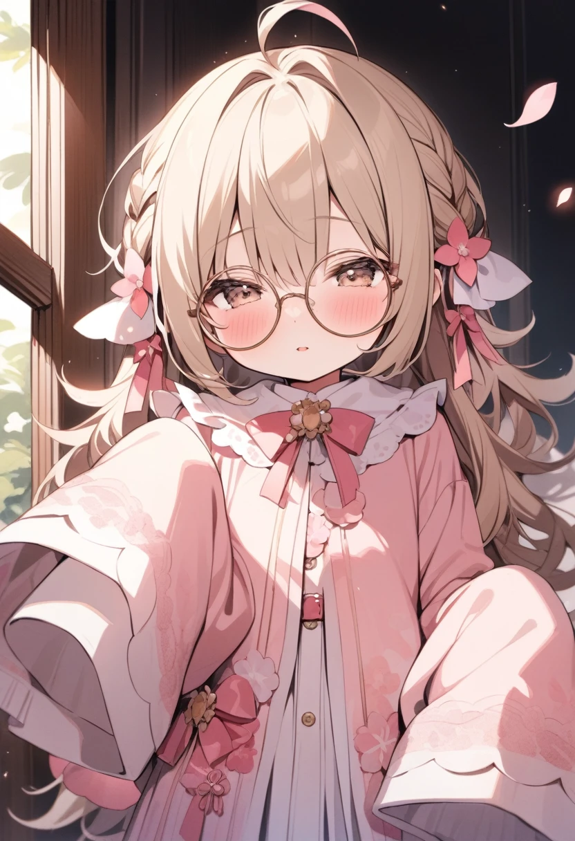 (round glasses:1.2), (:1.6),ecru beige hair,(half closed eyes:1.1),beige eyes,kawaii,(highlight on eyes:1.1),(cute face:1.1),baby face, BREAK (sleeves past hands:1.2), (sleeves past wrists:1.2),(hands are hidden in sleeves:1.1),sleeves past fingers BREAK (excessive messy hair:1.2), excessive long messy hair with bed head, excessive long hair, antenna hair, (ahoge:1.2),sleepy, BREAK Transparent pink scales skirt made of petals material,pink turtleneck,flower Jabot,flower corsage,
BREAK
breathtalking Scenery, breathtalking Beauty, breathtalking Cute ,masterpiece, (best quality, masterpiece:1.2),watercolor,