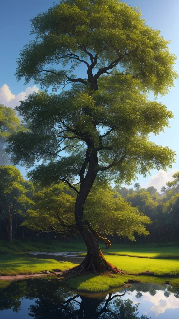 A masterpiece, an oil painting, the Kanlapapruek tree, its branches glowing in various colors, is as beautiful as heaven. Surrounded by reflective diamond glass houses, depicting the atmosphere of some clouds and sunlight, imaginative art, painting techniques that focus on details, color weight of the image, uniqueness of the image, unity of the image, perfection.