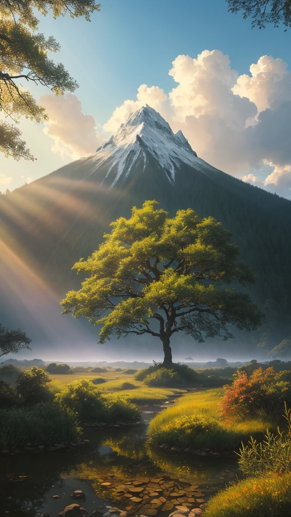 A masterpiece, an oil painting, the Kanlapapruek tree, its branches glowing in various colors, is as beautiful as heaven. Surrounded by reflective diamond glass houses, depicting the atmosphere of some clouds and sunlight, imaginative art, painting techniques that focus on details, color weight of the image, uniqueness of the image, unity of the image, perfection.