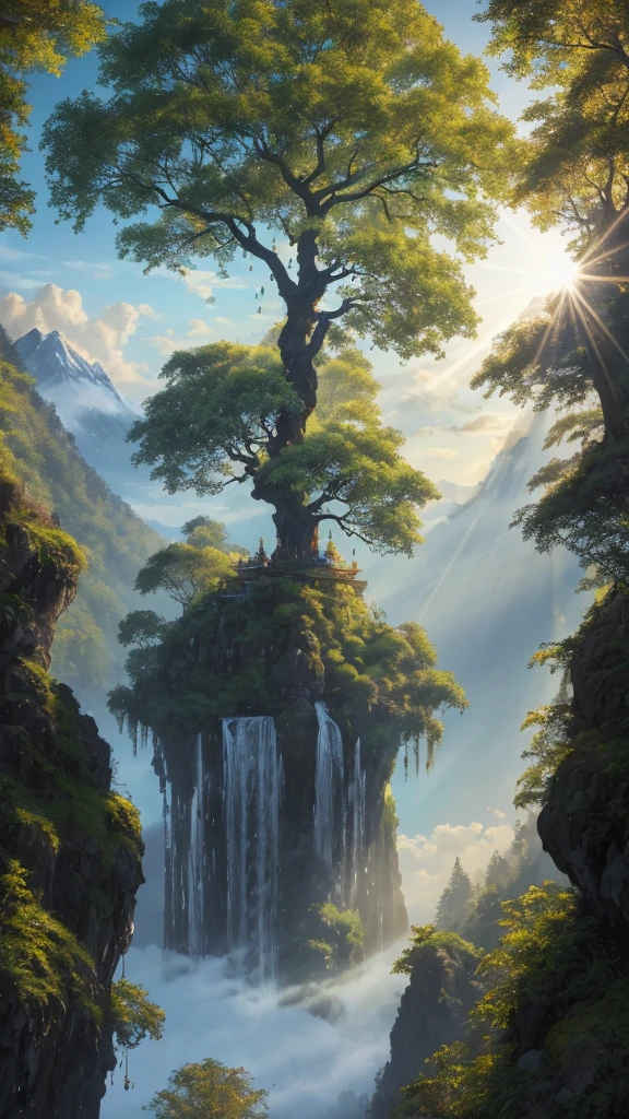 A masterpiece, an oil painting, the Kanlapapruek tree, its branches glowing in various colors, is as beautiful as heaven. Surrounded by reflective diamond glass houses, depicting the atmosphere of some clouds and sunlight, imaginative art, painting techniques that focus on details, color weight of the image, uniqueness of the image, unity of the image, perfection.