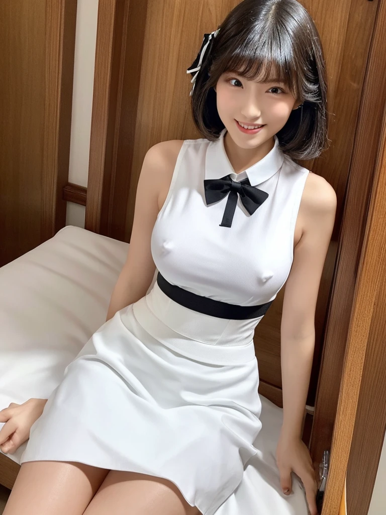 (Highest quality)、(8K)、(masterpiece)、whole body、、Perfect Face、Perfect figure、(Big Breasts)、Slim and toned waist、(Erect nipples)、Thin and beautiful legs、Looking at me with a smile、Sitting on the bed、 White collared sleeveless shirt, black underbust corset、Short tight skirt,A bow tie、legs open to the sides