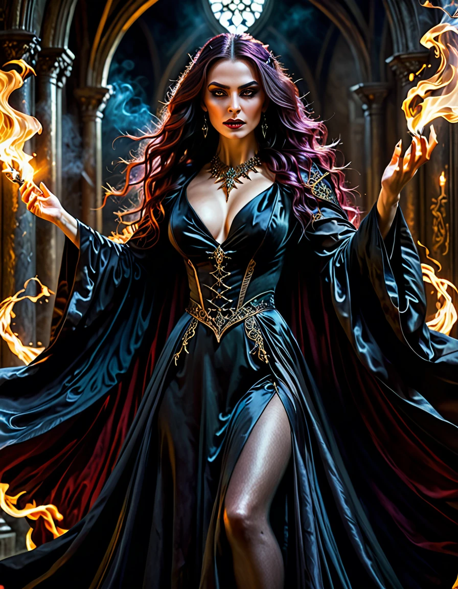 intricate gothic witch,dark flowing robes,billowing robes,commanding fiery energy,intense expression,spellbinding magic,vibrant painting,impeccable details,rich scene,dynamic pose,mystical aura,dramatic lighting,dramatic shadows,dramatic atmosphere,dark beauty,chiaroscuro,moody tones,dramatic colors,dramatic highlights,dramatic shadows,dramatic rendering,highly detailed,hyper-realistic,cinematic,masterpiece,award winning,ethereal,otherworldly,mesmerizing,captivating