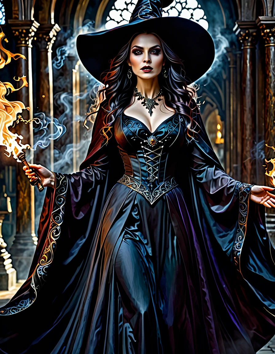 intricate gothic witch,dark flowing robes,billowing robes,commanding fiery energy,intense expression,spellbinding magic,vibrant painting,impeccable details,rich scene,dynamic pose,mystical aura,dramatic lighting,dramatic shadows,dramatic atmosphere,dark beauty,chiaroscuro,moody tones,dramatic colors,dramatic highlights,dramatic shadows,dramatic rendering,highly detailed,hyper-realistic,cinematic,masterpiece,award winning,ethereal,otherworldly,mesmerizing,captivating