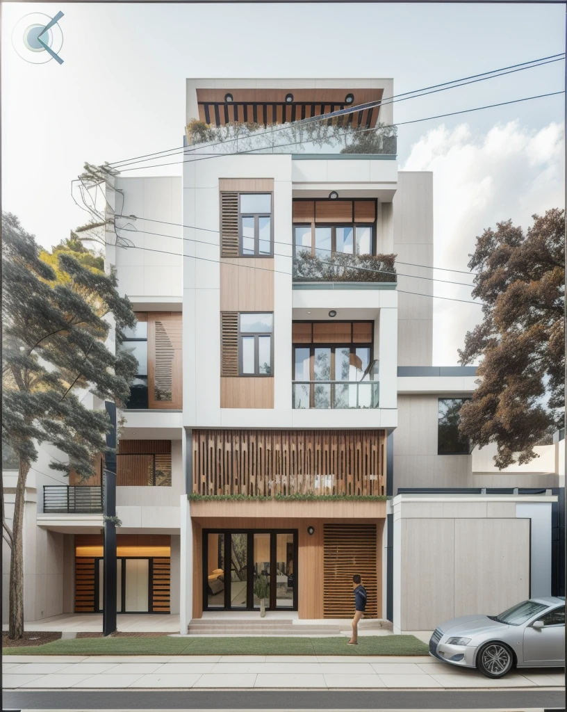 RAW photo, subject, 8k uhd, dslr, soft lighting, high quality, film grain, Fujifilm XT3, Realistic, Masterpiece, A modern architecture, simply facade, walkway, tree, road, stone, glassese window, daylight, clear sky