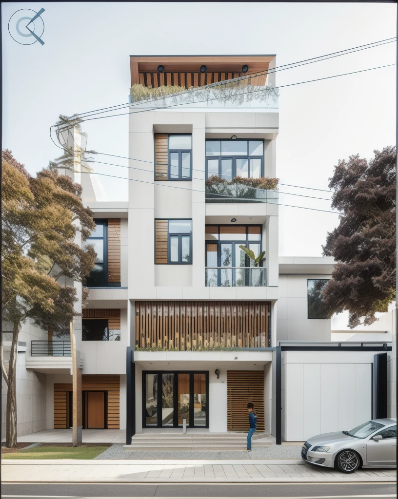 RAW photo, subject, 8k uhd, dslr, soft lighting, high quality, film grain, Fujifilm XT3, Realistic, Masterpiece, A modern architecture, simply facade, walkway, tree, road, stone, glassese window, daylight, clear sky