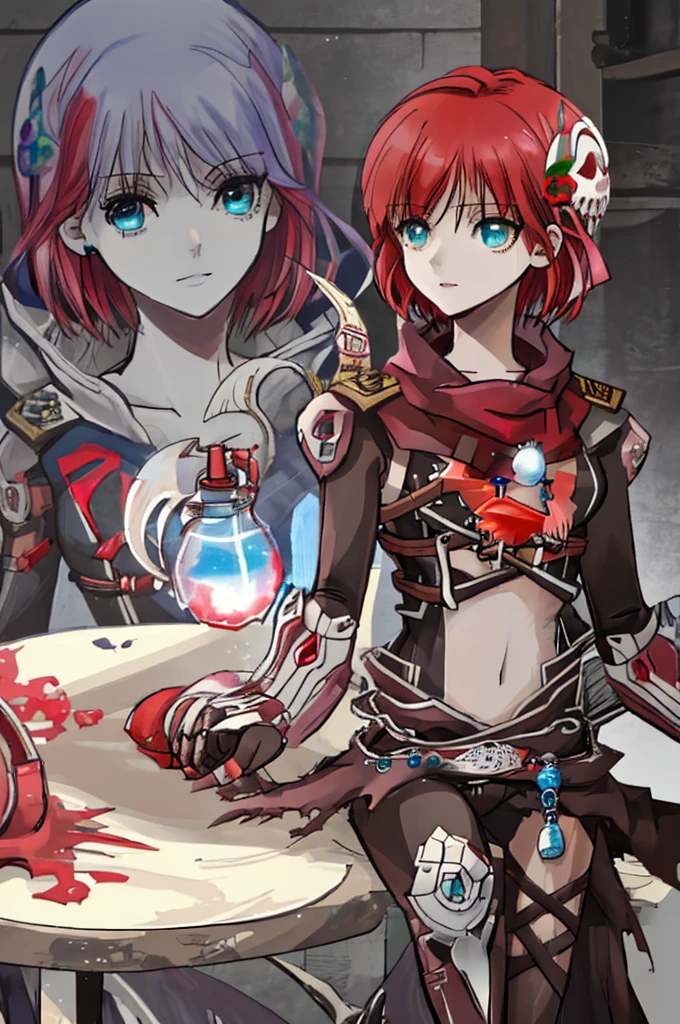 score_9, score_8_up, score_7_up, score_6_up, score_5_up, score_4_up, source_アニメ, Anime, 1 girl, red hair, short hair, blue eyes, Eyes glowing bright green, Abdominal pain, The light sparkles beautifully., Beautiful fair skin, Guillotine Cross Set - Ragnarok Online, Research Laboratory, sit, Medicine table, science glass, Hand holding a round red glass bottle of water, drink red juice, red nectar (Skull-shaped round bottle), Drug research is being done, medicine bottle, friendly, Magical light, Sharp picture, Beautiful detailed pattern