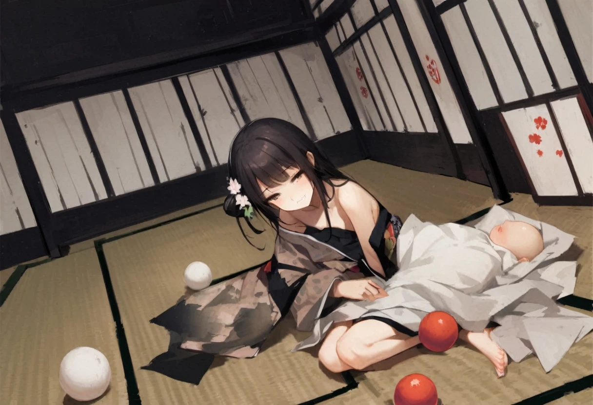 Zashiki-warashi、Japanese style、Shoji screen、tatami、Haunted House、darkness、Late Night、kimono、Bob、Girl、Girl、Younger、Baby Face、flat chest、Black Long Hair、Dynamic Angle、A faint smile、Squinting、ball、Flower Hair Ornaments、Geta or bare feet

