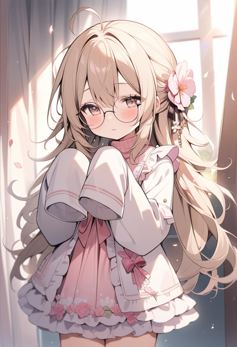 score_9, score_7_up, score_6_up, 1girl, source_cartoon, source_anime,breathtalking Scenery,watercolor,smooth soft skin, natural skin,anime screencap,mjm,rating_questionable
BREAK
(round glasses:1.5), (loli:1.6),ecru beige hair,(half closed eyes:1.1),beige eyes,kawaii,(highlight on eyes:1.1),(cute face:1.1),baby face,
BREAK
(sleeves past hands:1.6), (sleeves past wrists:1.3),(hands are hidden in sleeves:1.3),sleeves past fingers
BREAK
(excessive messy hair:1.4), excessive long messy hair with bed head, excessive long hair, antenna hair, (ahoge:1.2),sleepy,
BREAK
(Transparent pink scales skirt made of petals material:1.2),lilac scales skirt inspired by flower petals,(emerge scales skirt fused with flower petals:1.5),pink turtleneck,flower Jabot,flower corsage, 