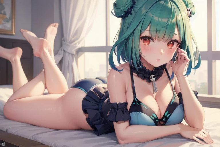 rushia_bikini, green hair, short hair, side buns, blue bikini, frills, butterfly, big breasts, skull hair ornament、digital painting, anime girl, cute girl, lying down, facing viewer, relaxed pose, wide header format, pastel colors, soft lighting, big eyes, detailed hair, blue hair, , peaceful, cozy atmosphere, highly detailed, smooth texture, charming expression, (masterpiece: 2), best quality, ultra highres, original, extremely detailed, perfect lighting