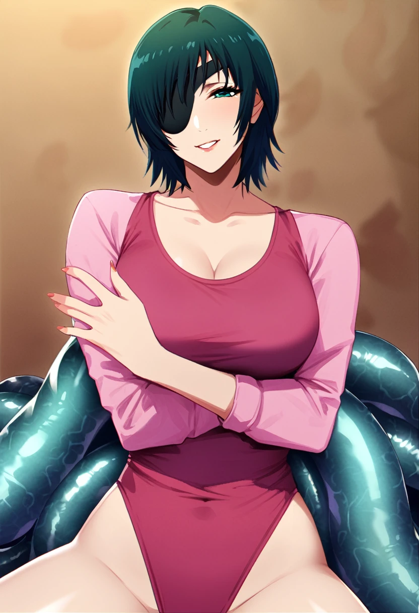 mature female, mature, Adult, himeno, himeno(Chainsaw Man), Eye patch, One Girl, solo, Grin, Villain, bad woman, chest, Black Hair, View your audience, short hair, Seductive smile, A woman sits on a group of smooth tentacles, Open your arms, Raise the hand, Tentacle Background，Pink leotard，warm feeling，masterpiece，Top animation quality，Top image quality，cinematic feeling