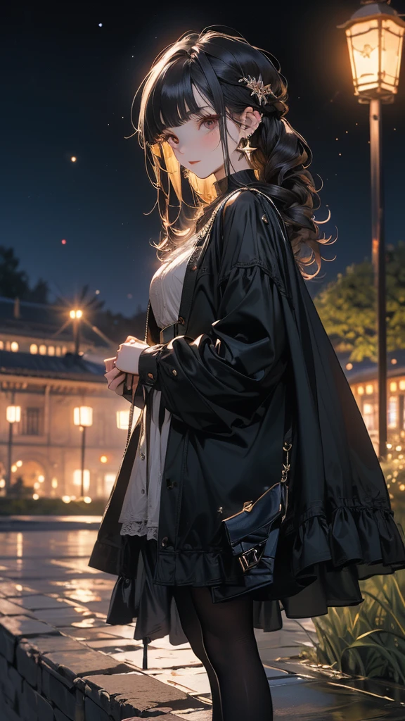 ( (8K:1.27), Highest quality, masterpiece, Ultra-high resolution:1.2) ,A dark-haired girl walking through a castle garden on a full moon night,One girl,Beautiful attention to detail, Detailed face, cute,