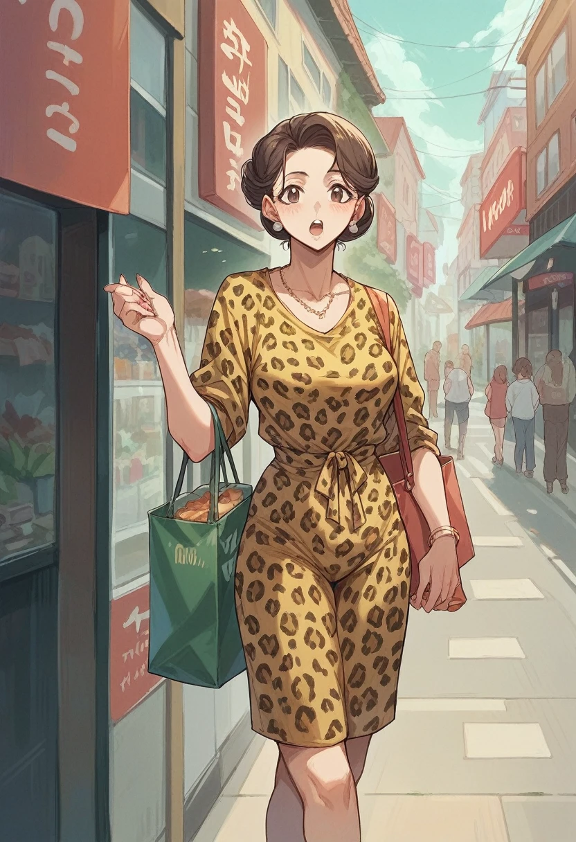 grandmother、whole body、Standing posture、Leopard print clothes、Shopping streets in Osaka