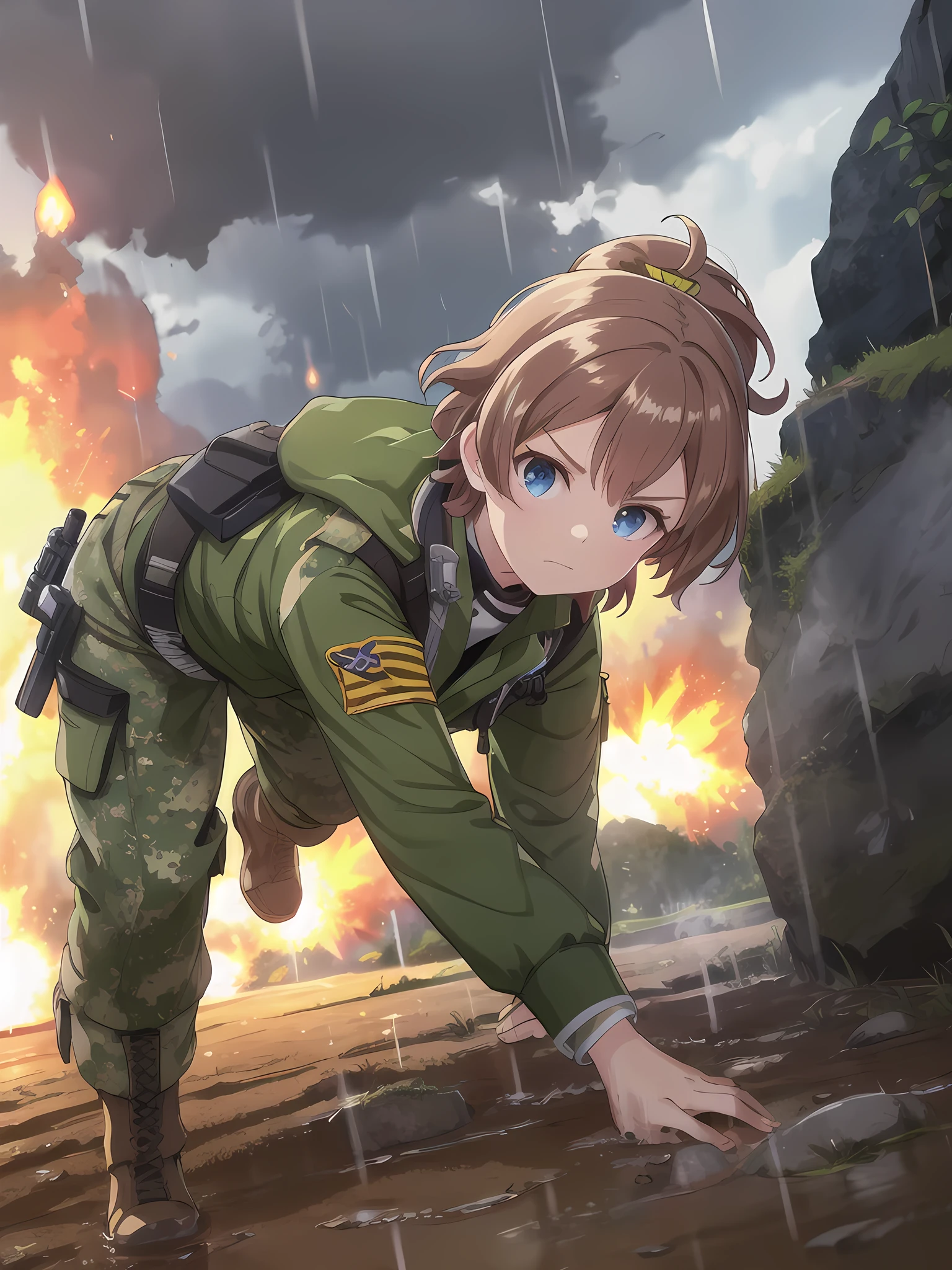 high quality,masterpiece,************,blue eyes,Outdoor,顔 focus,Brown Hair, short hair, ponytail,Military camouflage uniform,Green helmet,heavy rain,In the mountains,cloudy,Muddy clothes,He has a gun,Crawling on the ground,Point the gun this way,serious,Ruthless eyes,Intense gunfight,((Massive explosion)),A lot of black smoke,