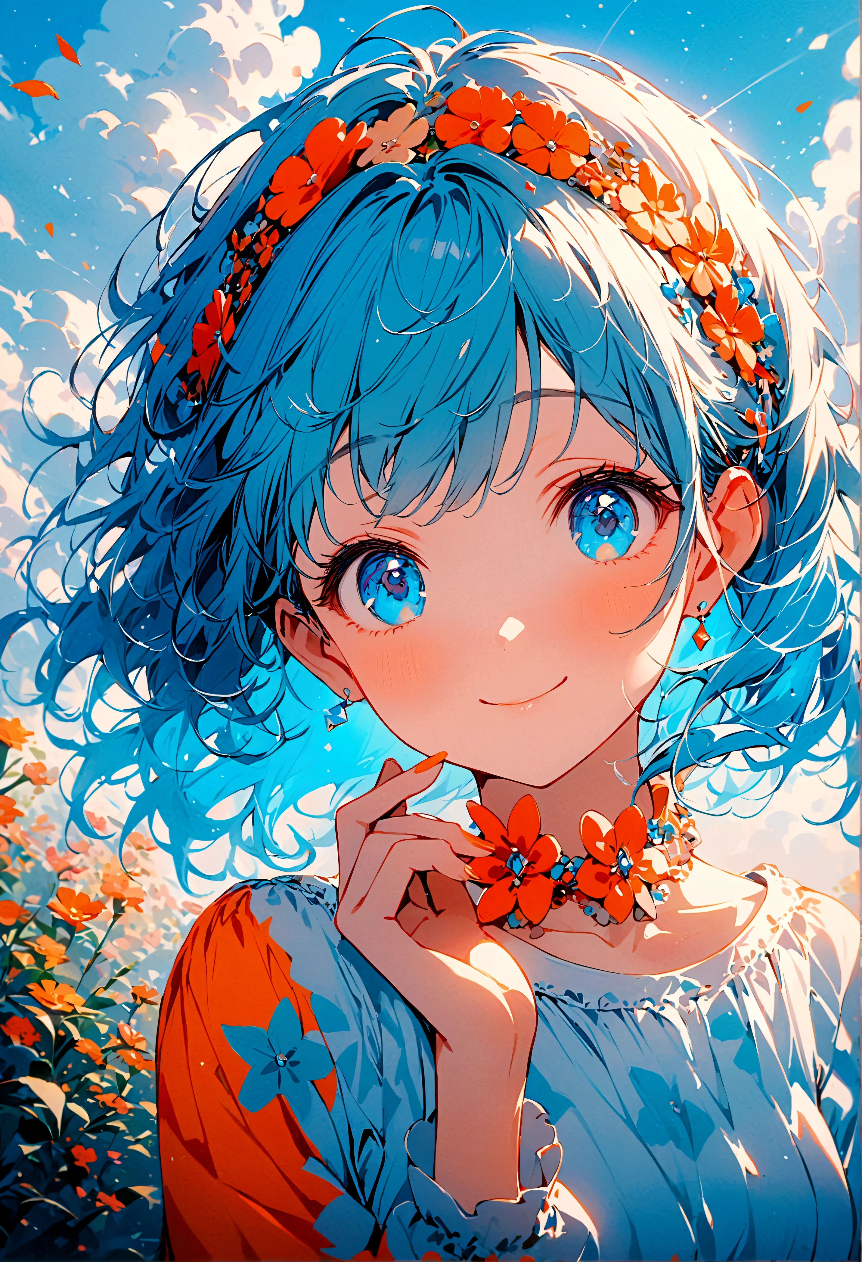 Whole body expression、1 girl、solo、blue eyes、Cyan background、bright、blue sky、cloud、sunny、youth、Blue and white main color、Orange sub-color、ink、soloフォーカス、cool、love、accessories、smile、Beautiful hairstyle、beautiful、beautiful目、Background main glossy、Very comfortable、