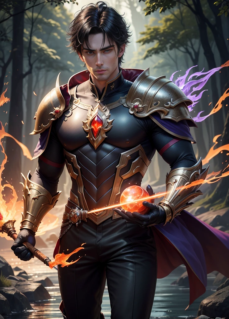 8K,Photorealsitic, Raw photography, top-quality;1.4) ,　(One adult male),　Super handsome without a beard,　(Lifelike face),　blue-black hair,　Handsome prince with glowing purple eyes,　Black and silver aristocratic exterior,　Black and gold trousers,　Golden decoration,　glares,　holding a staff,　Wearing black leather gloves,　Ruins,　Gwaitz style,　realisitic,　Precise details,　unrealengine,　Beautiful expression,　Details of each part,　A red fireball glows in the palm(effect),　超A high resolution,　A hyper-realistic,　attractive male,　Foot Armor,　real looking skin,　Fantasy Emperor,　Handsome man, wind magic, water magic, forest at night