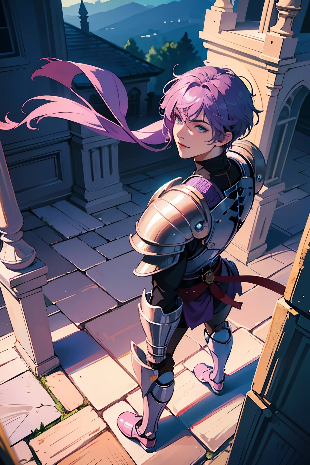 masterpiece, best quality, ultra-detailed, full body, in the middle, look down from above, castle, morning, spring, a handsome man, man, solo, warrior, beautiful purple hair, beautiful light blue eyes, beautiful eyes, short hair, light smile,entire body,standing,Pink knight's armor,powerful,muscularity