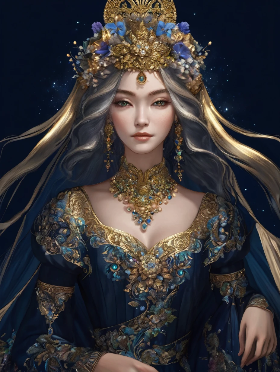 a close up of a woman in a ornate dress with flowers in her hair, trending on cg society, fantasy art, ((a beautiful fantasy empress)), a beautiful fantasy empress, anime goddess, gilded lotus princess, 8k high quality detailed art, portrait fine art, beautiful and elegant queen, beautiful celestial mage, flowers, lavish.