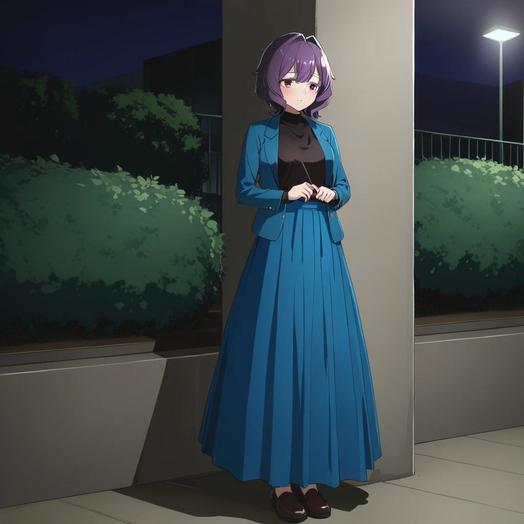 One girl, alone, Utena, Long skirt without pleats, Black Shirt, Blue jacket, outside, night  