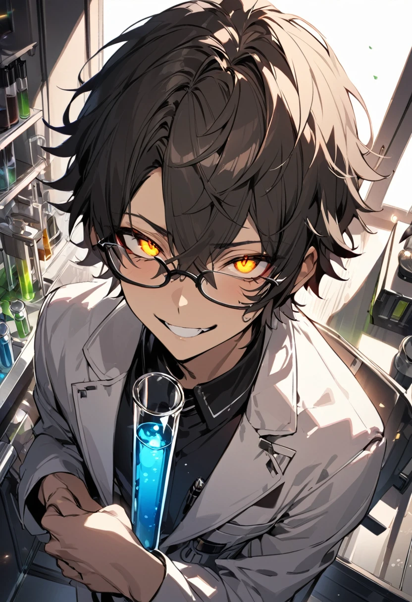 (masterpiece, best quality), detailed face, solo, 1man, messy short hair, bishounen, mad scientist, scientist coat, glasses, lens flare, maniacal smile, sharp eyes, glowing eyes, holding science test tube, in laboratory, dark shadows, contrast, science, sinister, portrait, handsome