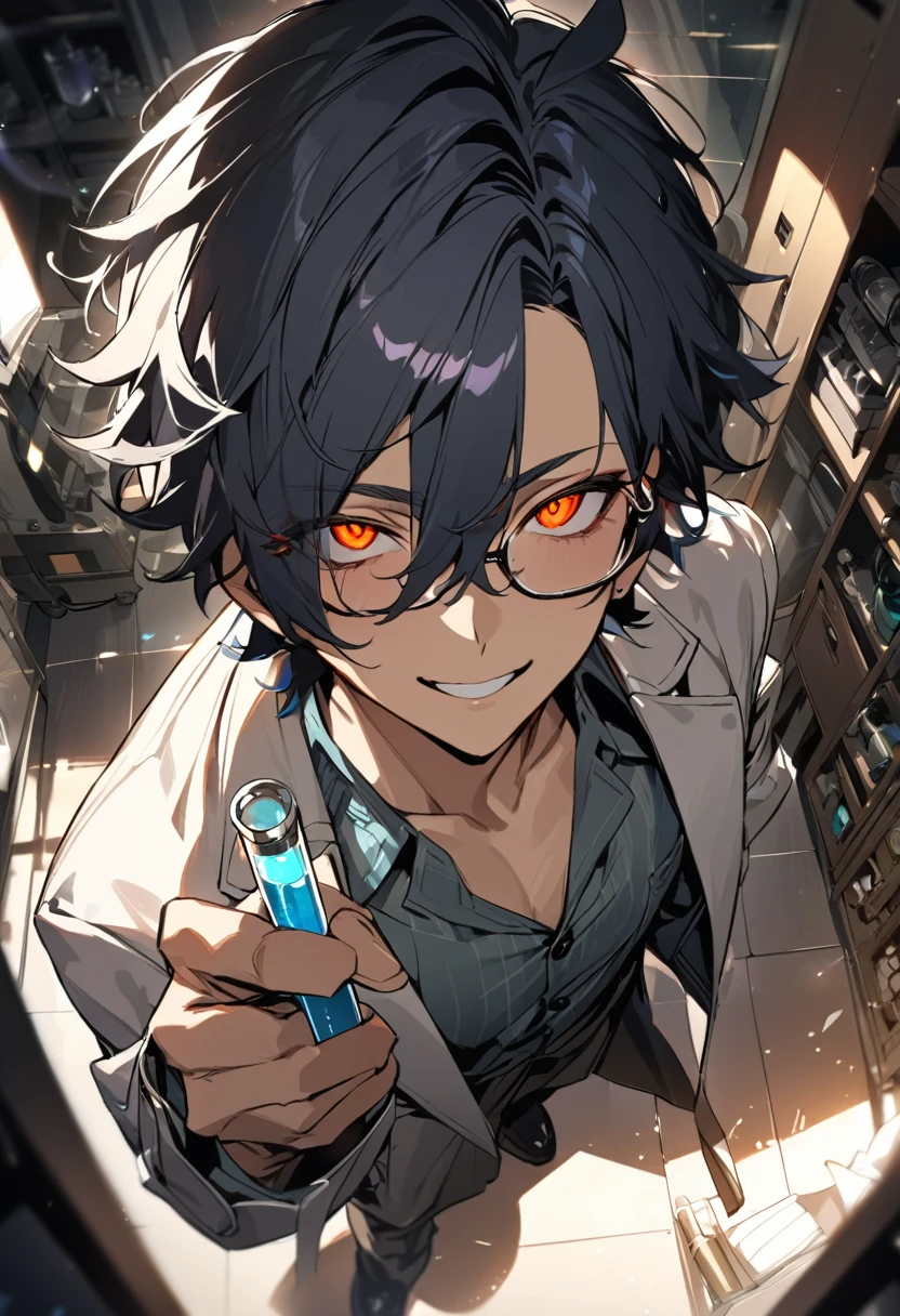 (masterpiece, best quality), detailed face, solo, 1man, messy short hair, bishounen, mad scientist, scientist coat, glasses, lens flare, maniacal smile, sharp eyes, glowing eyes, holding science test tube, perspective from above, in laboratory, dark shadows, contrast, science
