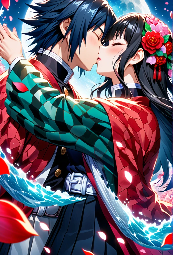 Ultra detailed, highres, absurdres, HDR, master piece, anime girl, pretty woman, white long hair with red streaks, eyes closed, girl with red haori, black demon slayer uniform, Kimetsu No Yaiba, fantasy, petals, red flowers, pretty, Tomioka Giyu, Water Hashira, men using Tomioka Giyu haori, black hair, kiss, romance, magic, moon, best quality, extremely detailed face, love, kissing with closed eyes, romance, anime, they are realy in love