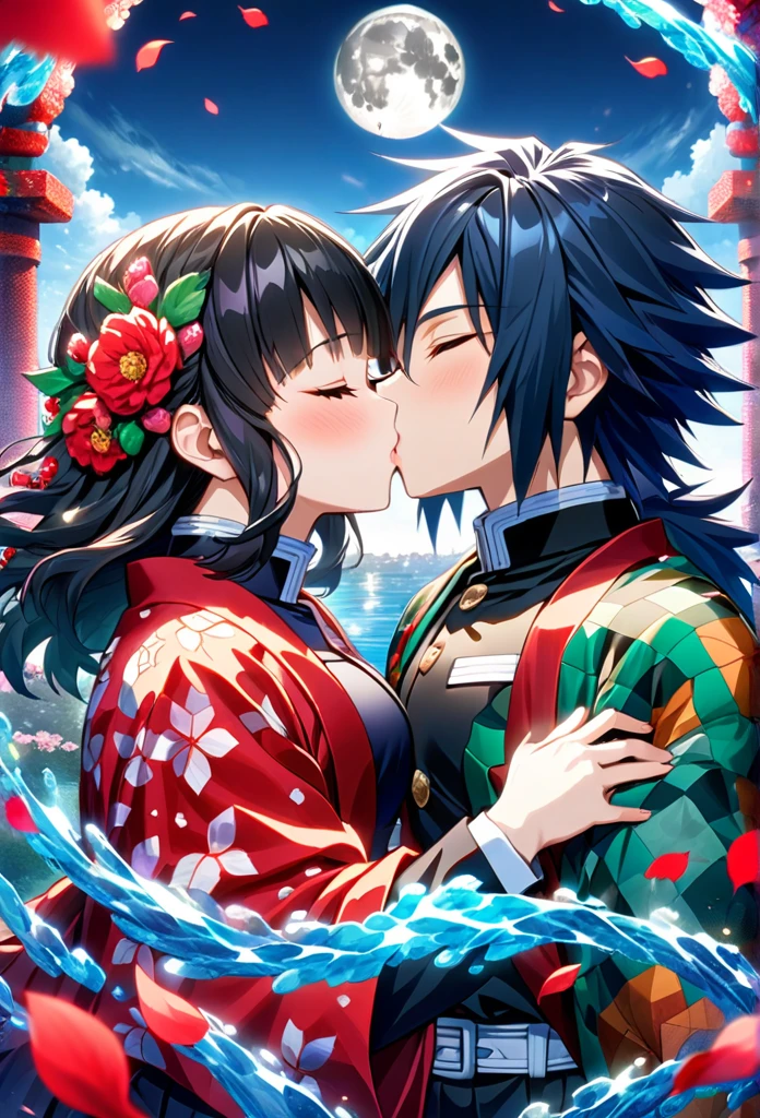 Ultra detailed, highres, absurdres, HDR, master piece, anime girl, pretty woman, white long hair with red streaks, eyes closed, girl with red haori, black demon slayer uniform, Kimetsu No Yaiba, fantasy, petals, red flowers, pretty, Tomioka Giyu, Water Hashira, men using Tomioka Giyu haori, black hair, kiss, romance, magic, moon, best quality, extremely detailed face, love, kissing with closed eyes, romance, anime, they are realy in love