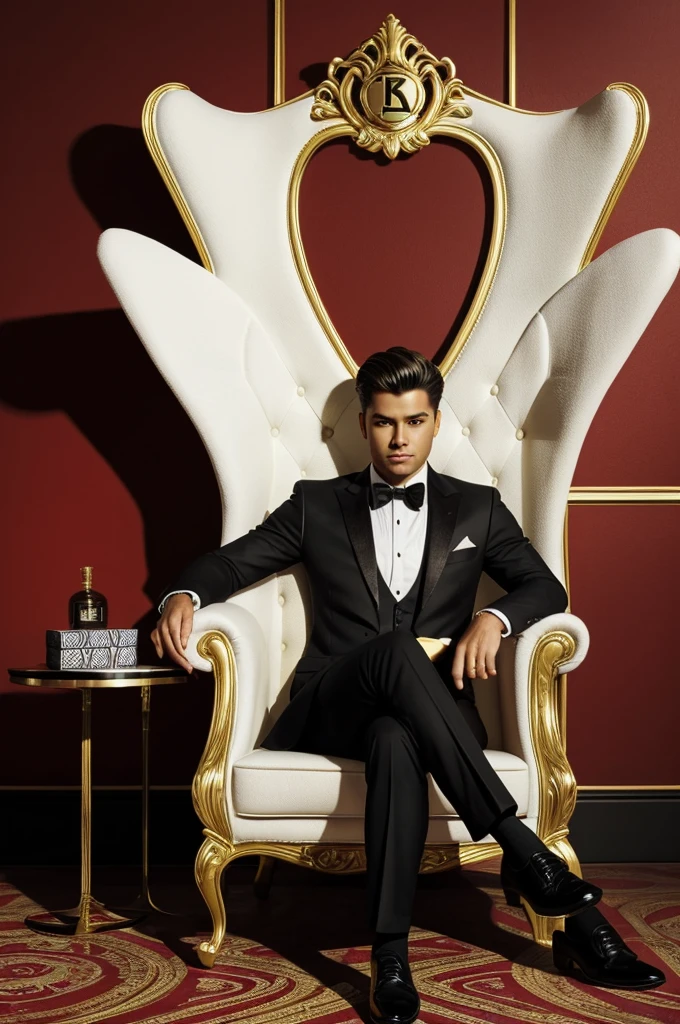 Create a 3D picture depicting a man casually seated on a white Wingback Chair while wearing a black suit, shoes. The man gazes forward, and the background showcases the words "SUPREMO
" in bold gold capital fonts against a red wall with ace of card. Ensure there is no visible shadow, and include wings to create the illusion that he is an angel.