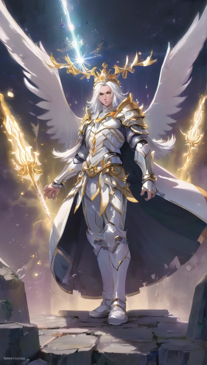 A man with gold crown and magic staff in his hand// white long hair // Sit in altar // full body // Wear armor with combination white and gold  // background is some flying light