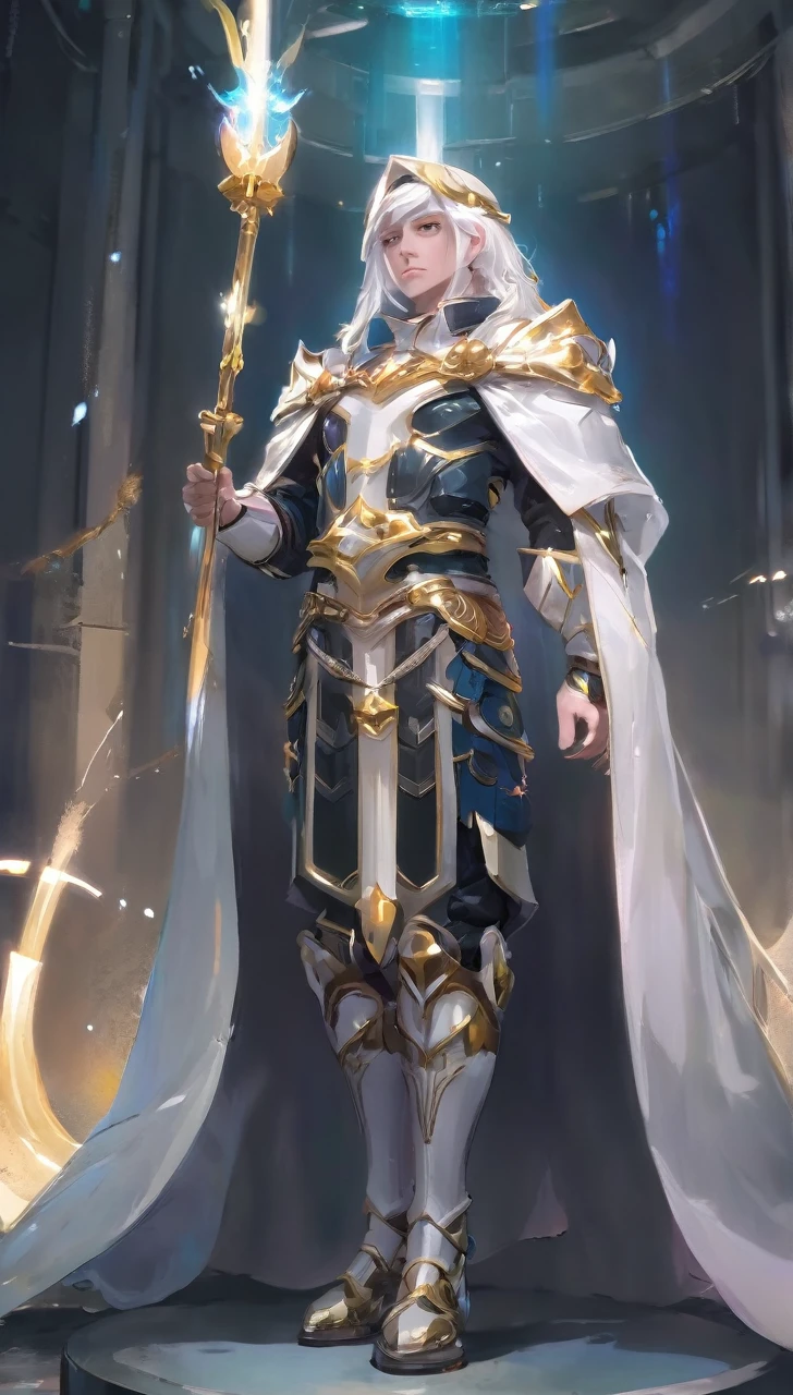 A man with gold crown and magic staff in his hand// white long hair // Sit in altar // full body // Wear armor with combination white and gold  // background is some flying light