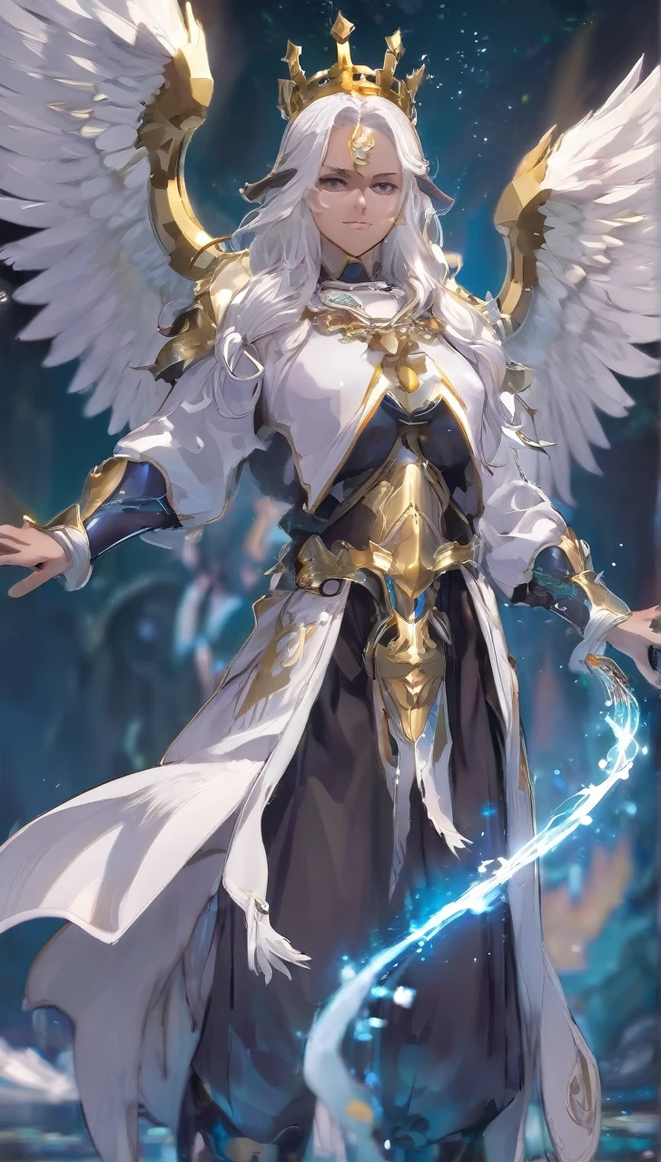 A man with gold crown and magic staff in his hand// white long hair // Sit in altar // full body // Wear armor with combination white and gold  // background is some flying light