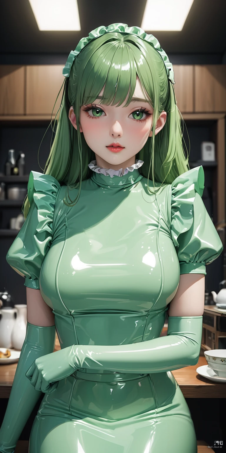 Portraiture、(masterpiece,Highest quality,Ultra-high resolution),Japanese women, (((Very beautiful 25 year old girl))),(Pale green latex maid outfit)、(Pale green latex long skirt)、(A long-sleeved latex shirt that covers the upper body)、Pale green latex gloves、Pale green latex socks、Pale green latex bodysuit、Frills、The clothes fit snugly to the body、Latex is very shiny、Dark Room、