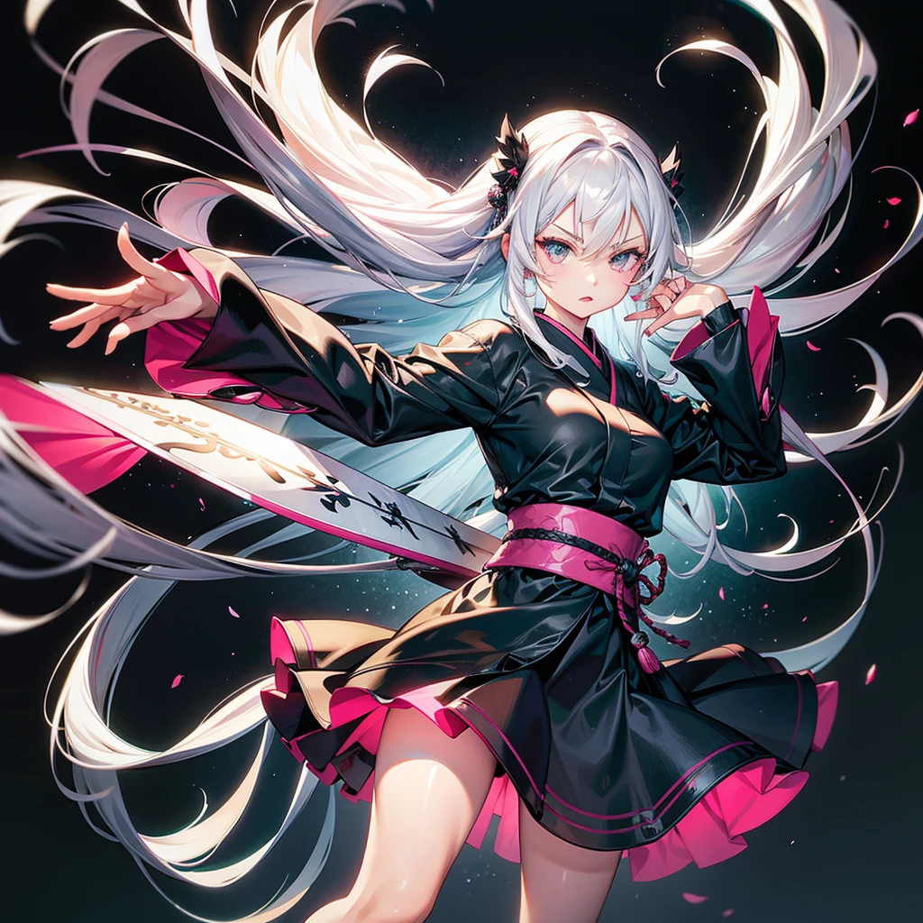 Dynamic configuration、((Perspective Lens, Woman with long milky white hair,  Dynamic poses with serious and mean expressions, Swinging something large with both hands, Long Japanese sword )) ((Pure Black Background:1.2)),Anime Style、detailedな目、Early 20s,Shooting on the move,Her long braided hair sways. Her outfit is reminiscent of Gothic Lolita,Black and pink color palette,Playful.,Neon color line fractal art、Super huge、whole body、detailed、