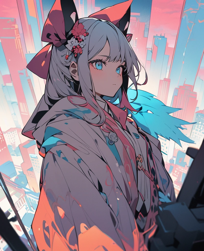 flat color,(Ultra high-resolution masterpiece, best quality, ultra-detailed representation) – A captivating portrait of a Japanese , portrayed with breathtaking intricacy. A tween in sensational fashion , (A girl looking at the city from the top of a tall building on a night after a storm). The lights of the house next door flicker like haze.tokyo,The depth of field adds a charming blur to the bustling background, while the full-body composition perfectly captures the adorable, determined expression on her face. The detail in her delicate features, creates a unique fusion of cultures that is both enchanting and thought-provoking, meriting the title of a true masterpiece.imaginary folklore,