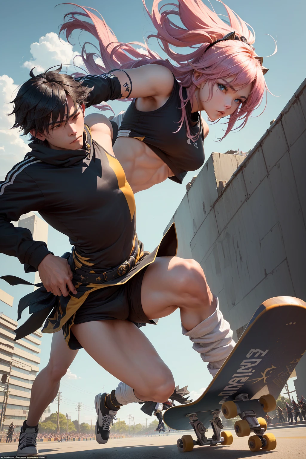 there is a man on a skateboard doing a trick on the ground, posing for a fight intricate, posing for a fight, tranding on pxiv, an ahoge stands up on her head, close-up fight, fight pose, air is being pushed around him, resting after a hard fight, standing over a fallen foe, <mmorpgs scene