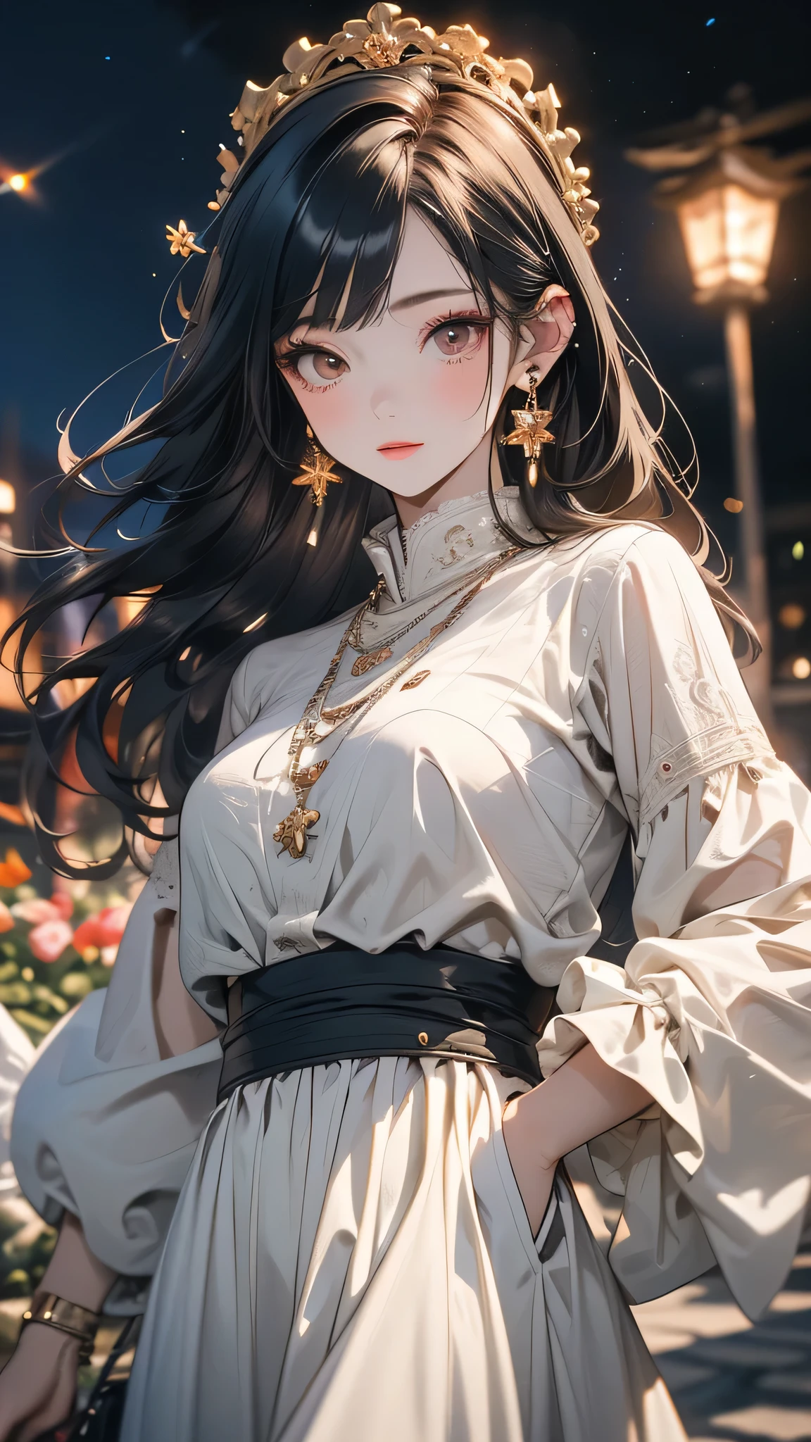 ( (8K:1.27), Highest quality, masterpiece, Ultra-high resolution:1.2) ,A dark-haired girl walking through a castle garden on a full moon night,One girl,Beautiful attention to detail, Detailed face, cute,