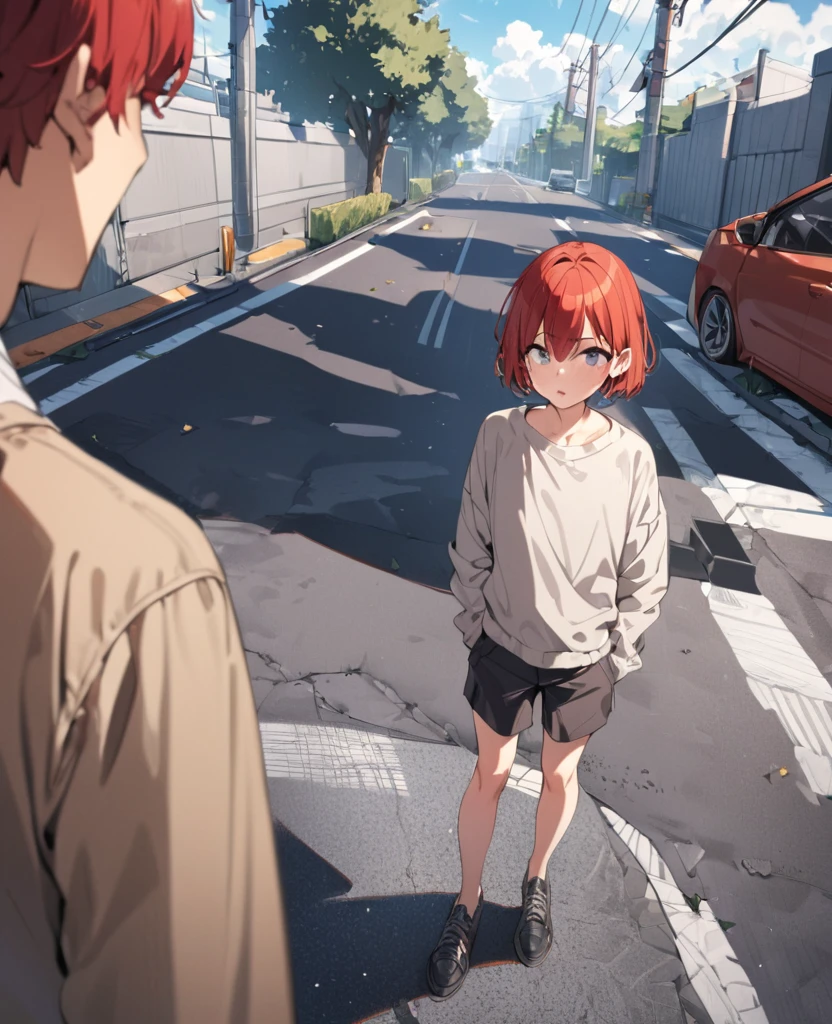 1 young man、Redhead、Hairstyle、Shortcuts、Grey Eyes、Droopy eyes、Casual clothing、whole body、Are standing、Outdoor、asphalt, Redhead, short hair, Hair Ribbon, Hair Ribbon、First Person View, Ultra-high resolution, Super detailed, Attention to detail