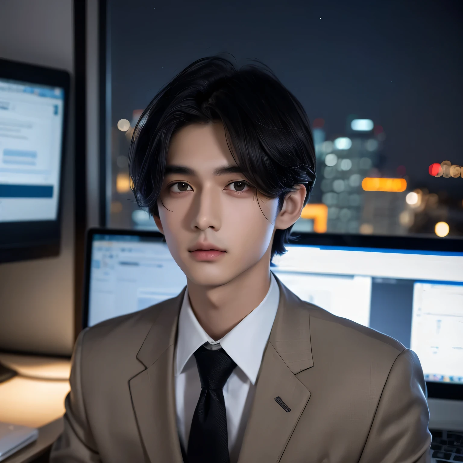 boy,20-year-old,Black Hair,Bob,Beautiful Face,neutral,Handsome,Big eyes,Gray Eyes,suit,At the computer in the office,night,窓の向こうにnight景,