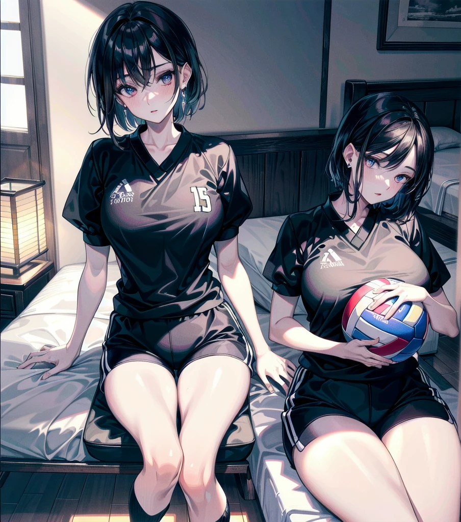 absurdres, RAW photo, extremely delicate and beautiful, masterpiece, Best Quality, ultra high resolution, 32k, hyperrealistic, ultra-detailed, Very detailed CG 8k wallpaper, Beautiful Lighting, Perfect Lightning, Realistic Shadows, perfect anatomy, super Detailed skin, Japanese woman, late 20s, very Slim body, narrow waist, very small head, handsome detailed woman, very detailed eyes and face, realistic face proportions, Stunning detailed eyes, Realistic beautiful face, very small face, Realistic small beautiful eyes, tearful mole, earring, beautiful and very thin legs, beautiful and very thin thighs, very huge round breasts, medium hair, black hair, full body shot, (volleyball uniform:1.2), (shorts), bed,