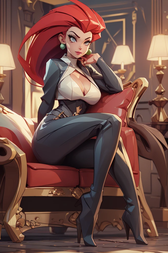 (floor),(dark: 1.5), backlit, Jessie from Pokémon, red hair back, white top with red letter R, smiling, sexy look, pants, in jeans, sitting, long legs, sofa, cleavage, big breasts, big ass, tiny waist, score_9, score_8_up, score_7_up, score_6_up, score_5_up, score_4_up, parted lips, dramatic lighting, black high heel boots, detailed face, sofa, living room scene, low angle