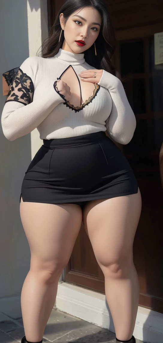 outdoor,Gray clothes, (No cleavage),thigh, cosmetic, (lipstick: 1.1), (Eyeliner: 1.2), mascara, Eyeshadow,Outdoor sports, earrings, necklace, Black tights, Wrinkles at the corners of the eyes, Oral wrinkles,High Neck Knit Bodycon Skirt,full-body shot,An Asian Japanese woman,65 years old,big eyes,elegant temperament elegant temperament,(masterpiece:1.2, best quality), actual, (The real situation,45 years old, Intricate details, Depth of Field,High neck clothes), careful, The content is very detailed, This is a perfect face, Perfect body, Large Model, Mature woman, High, Leg length,Black silk garter belt,8K,best quality, masterpiece, Ultra-high resolution,(lifelike:1.4), original photo, Stay focused, detailed, Dramatic, Exquisite beautiful woman, (tall and straight:1.1),(Fat goddess desetallic high leg high collar dress mini skirt:1.0),(High collar fitted skirt),half butterfly earrings, double ring necklace, (:1.05), (65 years old, : 1.4), cosmetic, (lipstick: 1.1), (Eyeliner: 1.2), mascara, Eyeshadow, Long curly hair, Dynamic Angle, (red lips)Beautiful graphics, thigh long,Random Color Greasy Reflective Tights, Scenes,Fishnet stockings,Red high heels