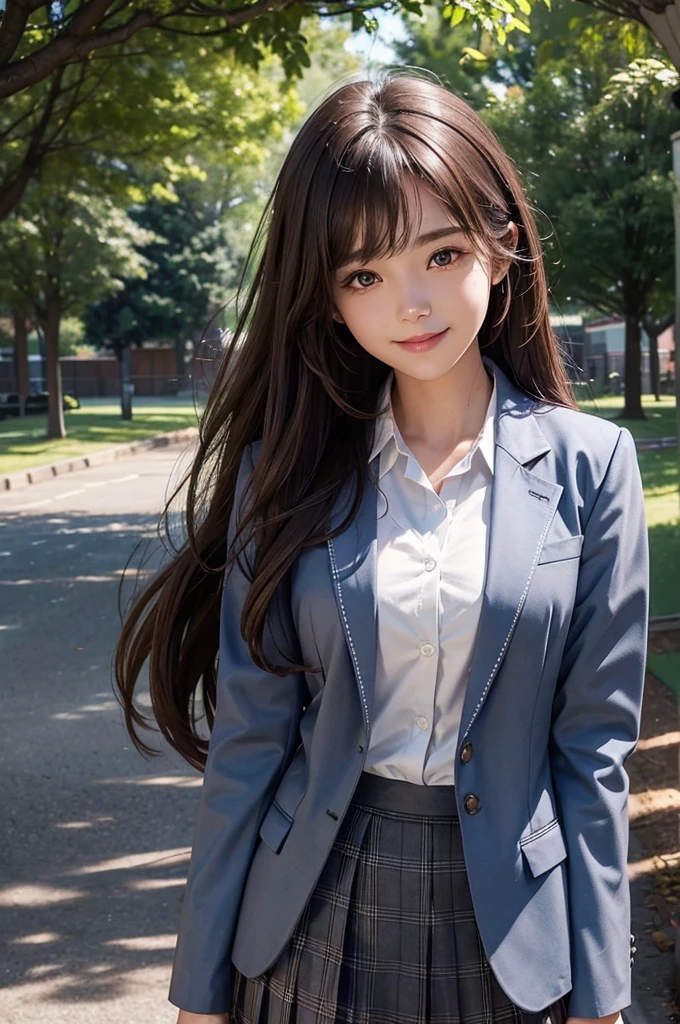 Beautiful girl、Brown Hair、Medium Hair、high school student、、Dark Blue Blazer、White shirt under blazer、huge 、Grey plaid skirt、Shade of trees in the schoolyard、smile、wave hands