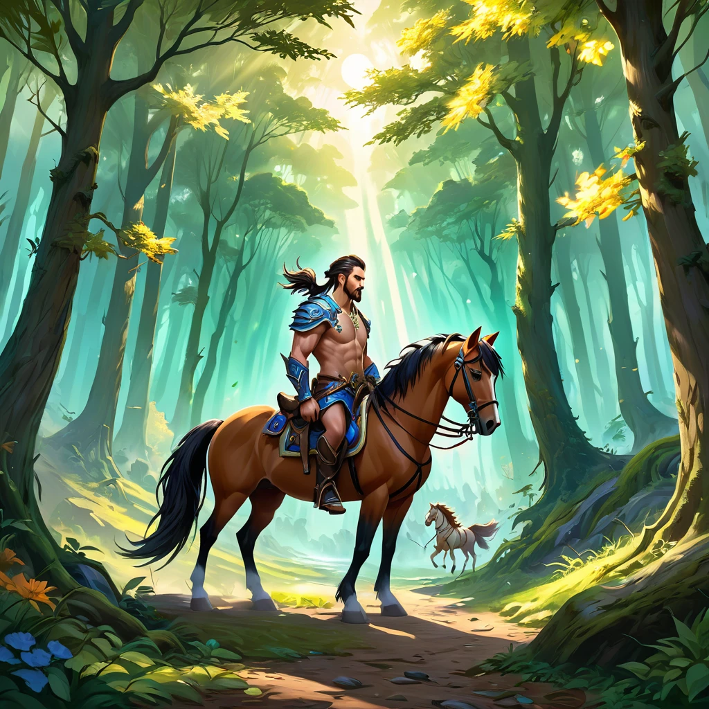 Full body of World of Warcraft style illustration of a male man centaur in the woods, imposing god, a centaur,horse tail, centaur from greek mythology, centaur, art by Wei Wang, Wow, World of Warcraft Concept Art, trending on Artstation, hearthstone card artwork, world of warcraft art style, Centauro, hearthstone card game artwork, Concept Art, Side profile, sunlight, Cinematic, sharp focus, vibrant colors,high saturation,high contrast,very high resolution,HDR,8k