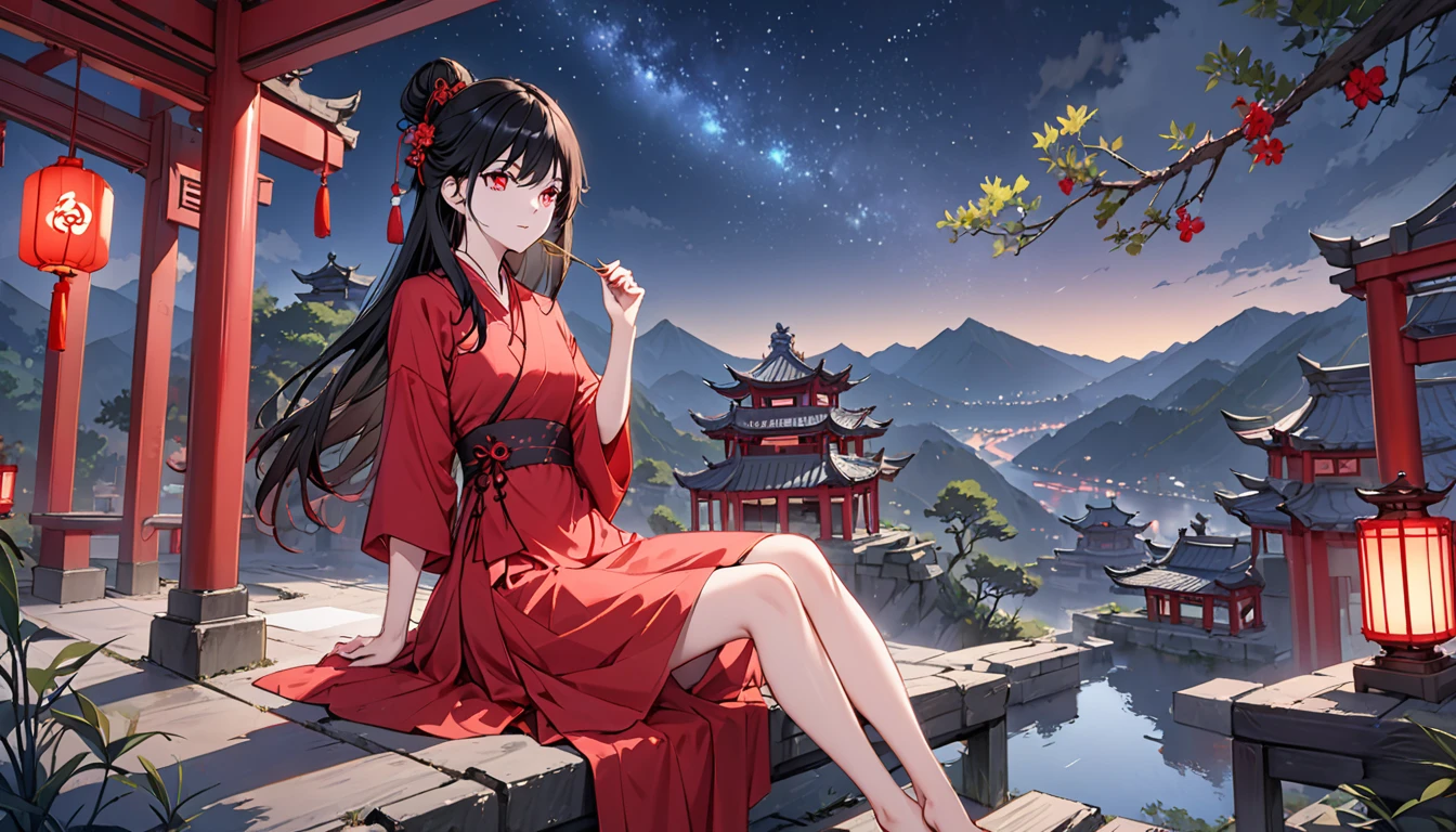 night,Beautiful young woman with long black hair,Red pupils,blood stained hair,Wearing a red wedding dress,Sitting alone in the Taoist temple,barefoot,Holding a golden hairpin in hand,dilapidated Taoist temple,There are bright lights in the distance,Dark night,A sky full of stars