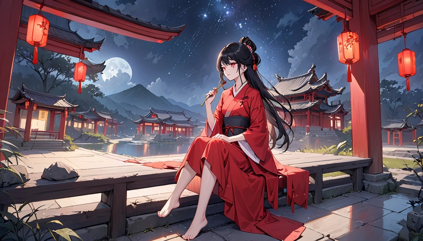 night，Beautiful young woman with long black hair，Red pupils，blood stained hair，Wearing a red wedding dress，Sitting alone in the Taoist temple，barefoot，Holding a golden hairpin in hand，dilapidated Taoist temple，There are bright lights in the distance，Dark night，A sky full of stars