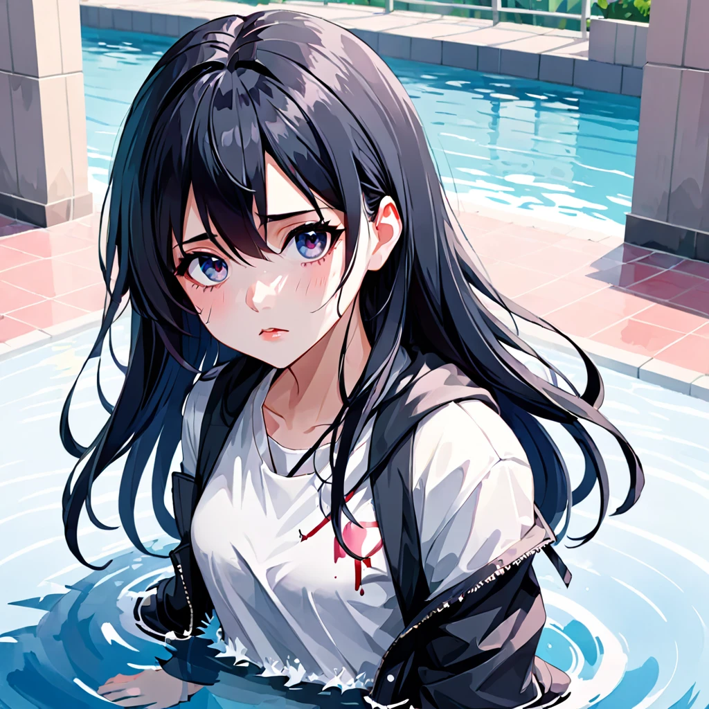 Low poly、vector art 、flat color,water color,One Girl、Sick Eyes、Yandere、Straightjacket、Long Black Hair