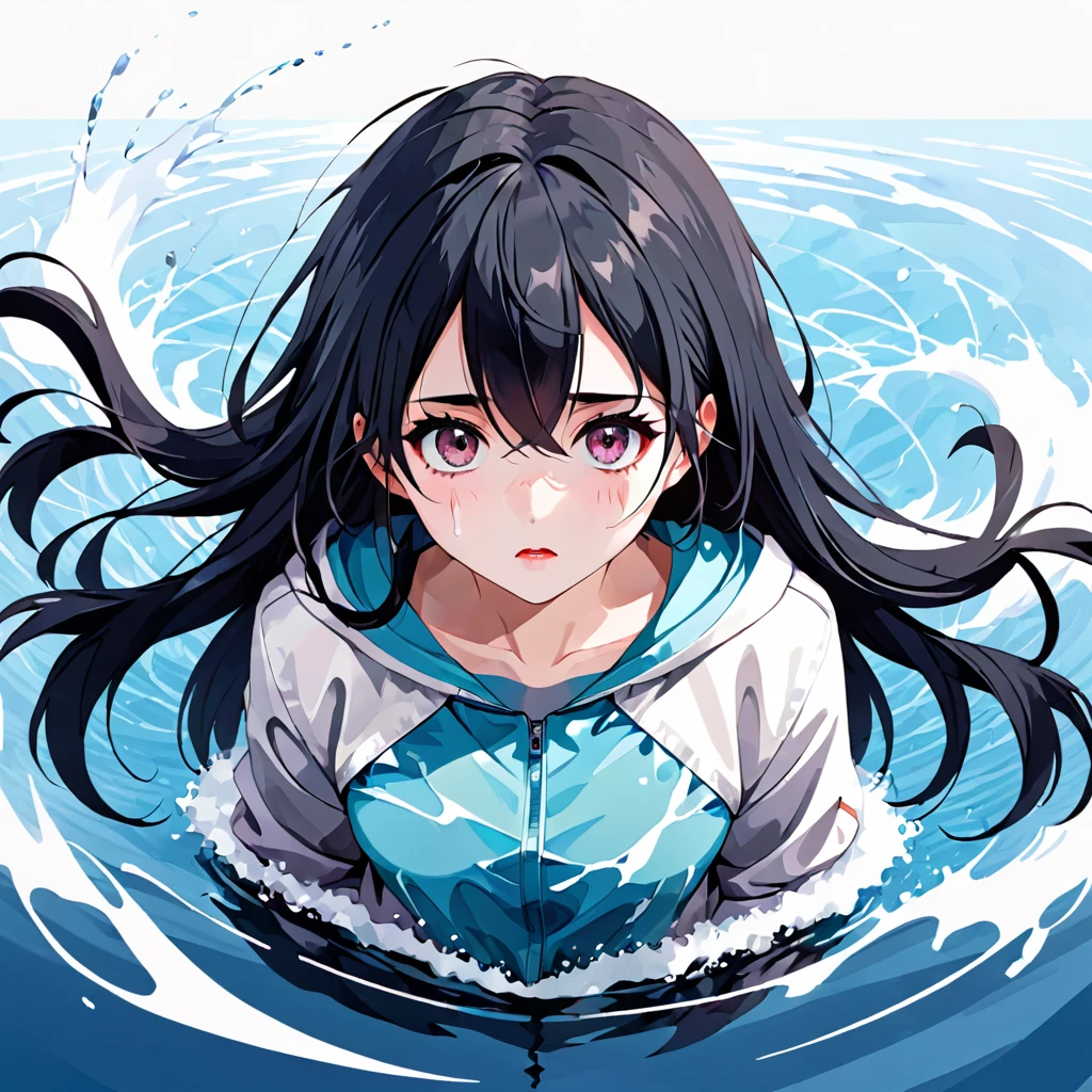 Low poly、vector art 、flat color,water color,One Girl、Sick Eyes、Yandere、Straightjacket、Long Black Hair