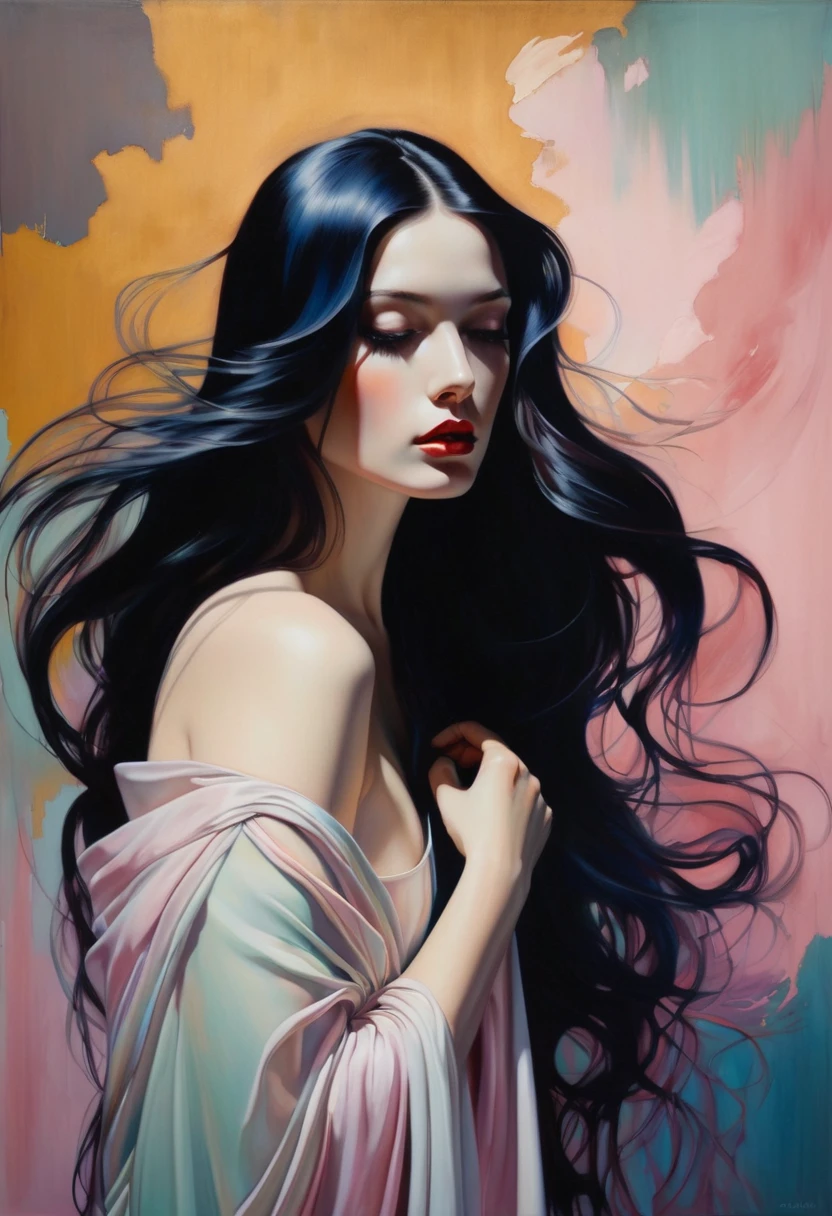 chiaroscuro technique on sensual illustration of an elegant long hair woman, vintage beauty, eerie, the model draped in flowing, thick oil painting, by Hannah Dale, by Harumi Hironaka, extremely soft colors, vibrant, highly detailed, malcolm liepke painting, oil on canvas,  high contrast, dramatic, refined, tonal, Create high contrast between light and shadow